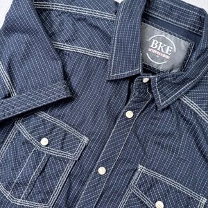 BKE Pearl Snap Shirt Men Medium Tailored Fit Blue Western Short Sleeve Flip Cuff